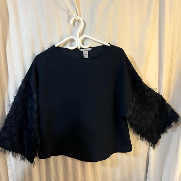 H&M Classy Feminine Summer Feather Shoulder Dark Blue See-Through Blouse - Picture 5 of 10